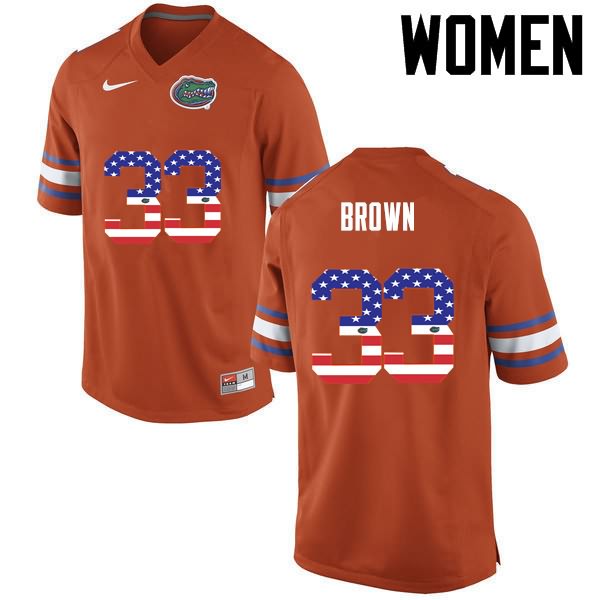 NCAA Florida Gators Mack Brown Women's #33 USA Flag Fashion Nike Orange Stitched Authentic College Football Jersey UDY7664XM